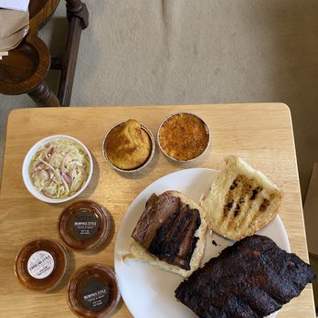 Smoque BBQ - Brisket Sandwich, Half Slab of Aruba, Cornbread, Mac n Cheese, and Cole Slaw sides. - Barbeque Near Me - Chicago, Illinois