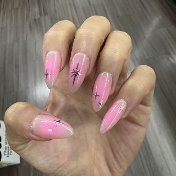 Luna Nails & Spa - Gel X with pink airbrush and chrome stars - Nail Salons Near Me - Upland, California Luna Nails & Spa - Gel X with pink airbrush and chrome stars - Nail Salons Near Me - Upland, California