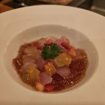 Umami Omakase - Assorted fish with fruit and gel: 1/5 (like fruit cocktail jello) - Japanese Near Me - Cambridge, Massachusetts