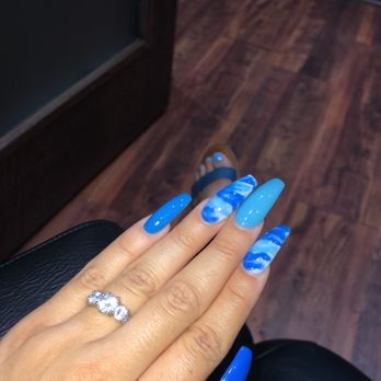 Wylie Nail Bar - Thumb dark blue, middle finger sky blue, pinky medium blue , other fingers mixed blue camo - Nail Salons Near Me - Wylie, Texas Wylie Nail Bar - Thumb dark blue, middle finger sky blue, pinky medium blue , other fingers mixed blue camo - Nail Salons Near Me - Wylie, Texas