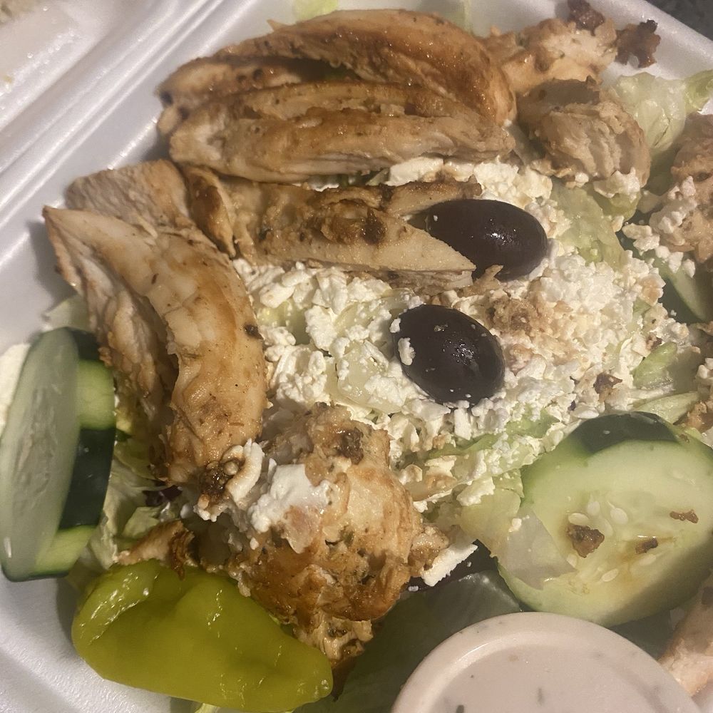 Ardiana’s Restaurant - Chicken Greek Salad (minus tomatoes and beets) with Greek Dressing in takeout box. - American Near Me - Novi, Michigan