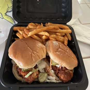 Angry Chickz  - Combo #1. 2 hot chicken sliders with slaw, pickles, and fries. - Chicken Shop Near Me - Bakersfield, California