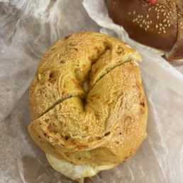 Bacon, egg, and cheese on jalapeño cheddar bagel