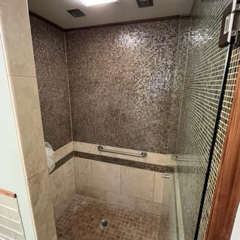 Elite Tile & Remodel - Before: Two small overhead shower heads and an old / dated ceiling fan - Flooring Near Me - West Linn, Oregon Elite Tile & Remodel - Before: Two small overhead shower heads and an old / dated ceiling fan - Flooring Near Me - West Linn, Oregon