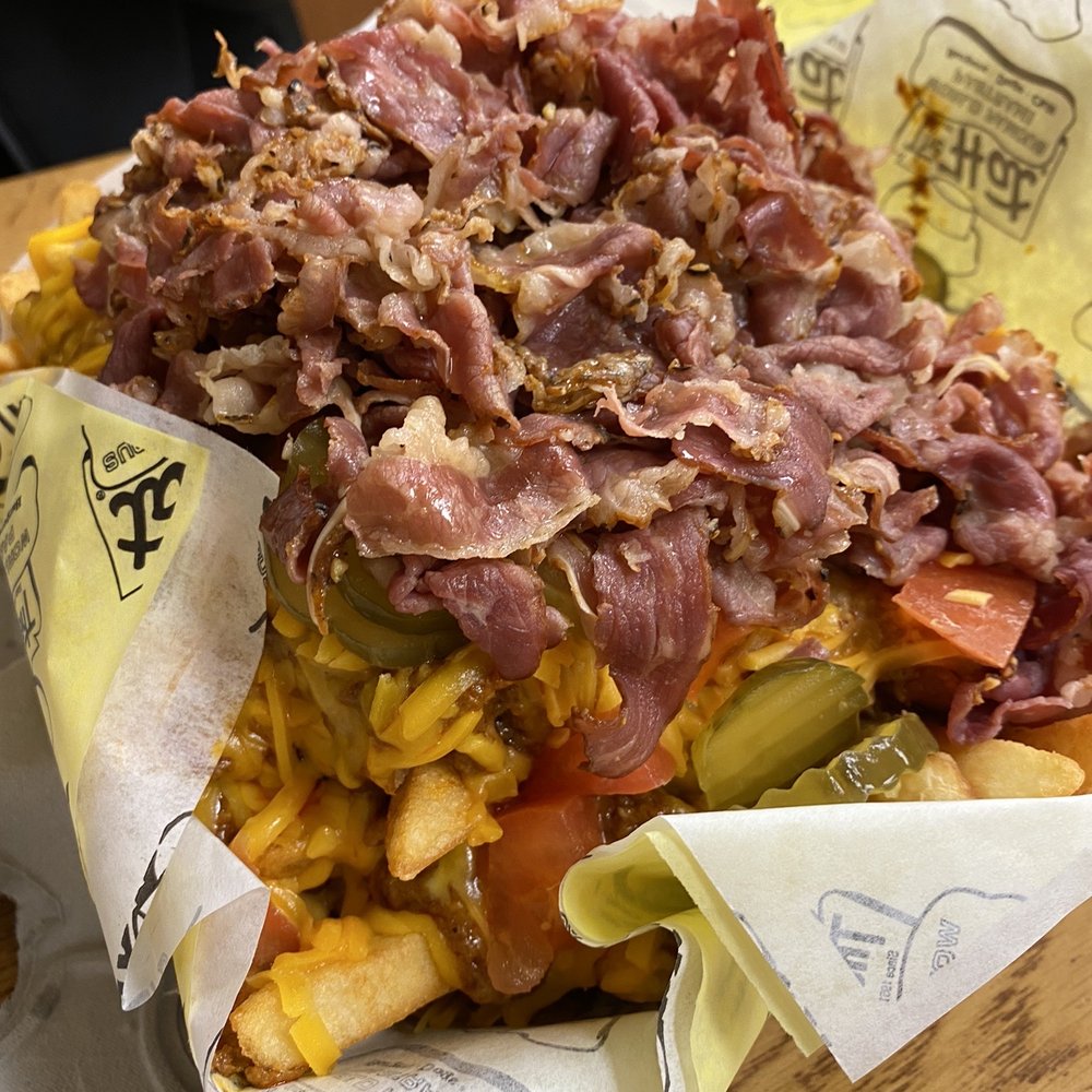 The Hat - Chili cheese fries with tomato and pickles plus pastrami - American Near Me - Temple City, California The Hat - Chili cheese fries with tomato and pickles plus pastrami - American Near Me - Temple City, California