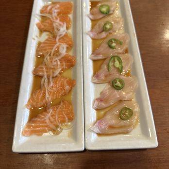 Aikan Sushi & Ramen - Carpaccio! Salmon (Left) & Yellowtail (Right) - Sushi Bars Near Me - Pasadena, California
