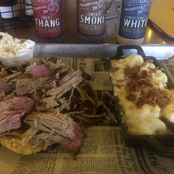The Row - Nice presentation of pork plate with bacon Mac and cheese ($3 upcharge for this side dish) - Southern Near Me - Nashville, Tennessee