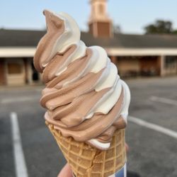 Moodus Ice Cream Parlor - Choc & vanilla twist Creemee on a waffle cone