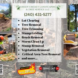 Green Cricket Landscaping - * Tree removal * Tree trimming & pruning * Storm damage cleanup * Hazardous tree removal * Stump grinding * Lot clearing 240-431-5277