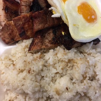 JG's Nipa Hut - Breakfast plate: Inihaw na baboy (charbroiled pork) eggs and rice, and comes with free coffee :)) - Filipino Near Me - Canoga Park, California