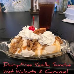 Lickity Split - Dairy-free vanilla ice cream sundae with wet walnuts and caramel syrup