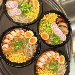 Naruto Asian Cuisine - Miso Ramen with Shrimp, Tonkushu Ramen with pork, Extra egg, extra corn and fish cake! Great choice!