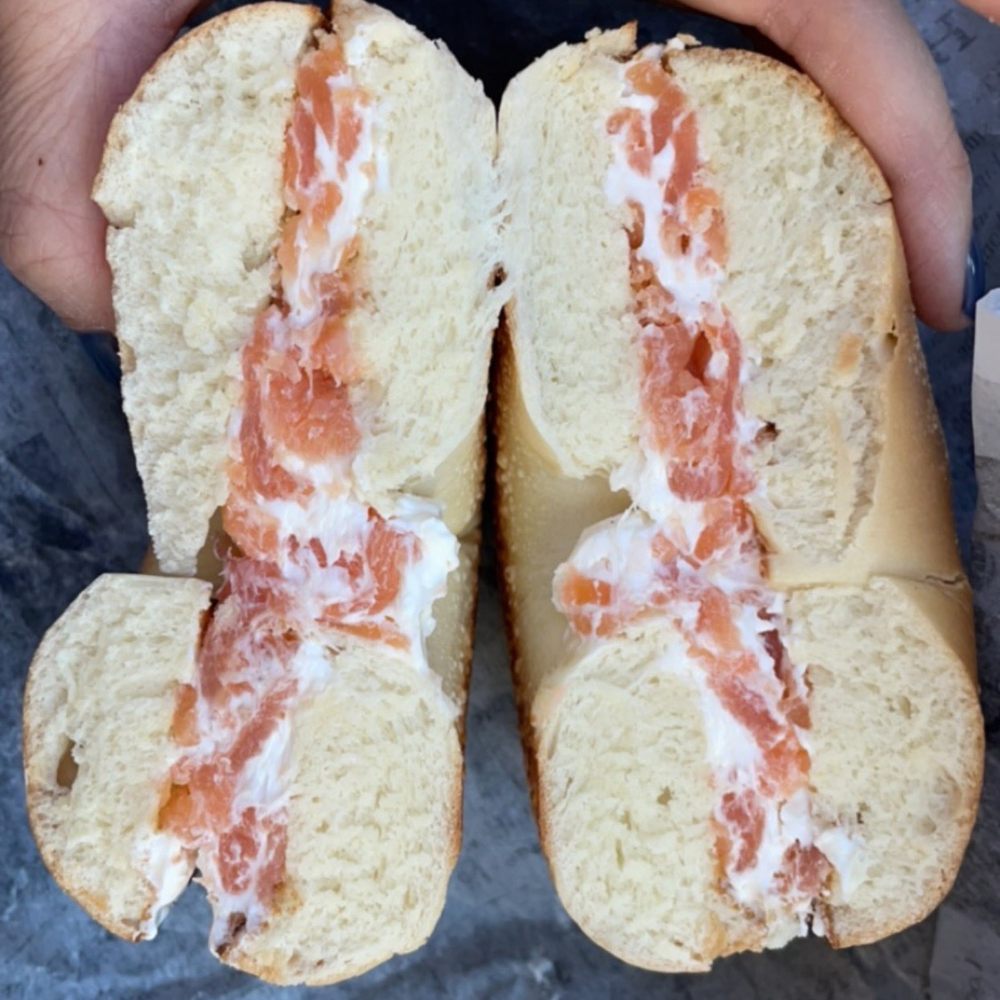 Bagel Exchange - Cross Section View of Plain Bagel w/ Lox Cream Cheese - Coffee & Tea Near Me - Alhambra, California