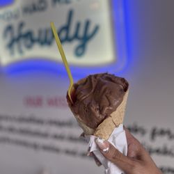 Howdy Homemade Ice Cream - Aurora - You had me at Howdy with the velvet chocolate peanut butter cup ice cream in a mocha cone.