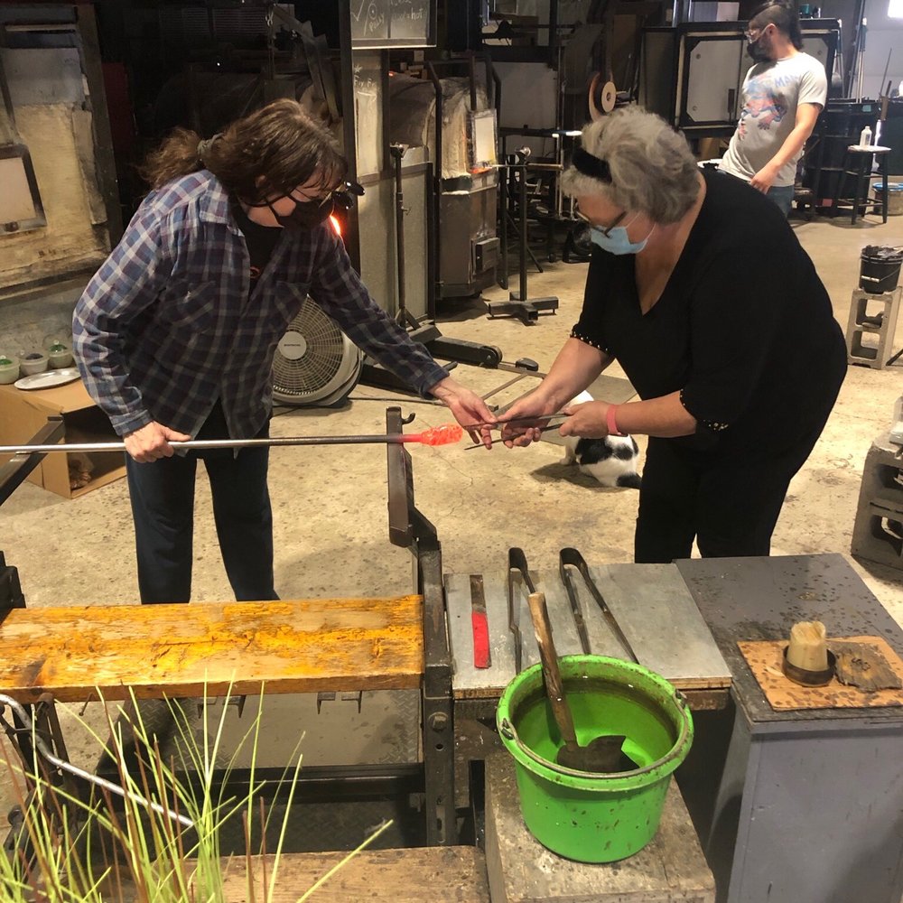 Hands-On Glass Studio - Pulling glass like taffy - Glass Blowing Near Me - Corning, New York