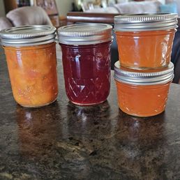 Peach salsa-10 large jars, Pluot jam 20mixed size jars, Peach small 12 jars and Peach habanero 12 small jars