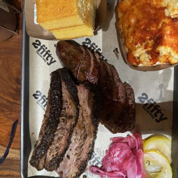 2Fifty Texas BBQ - (Mild) Sausage, regular brisket, cornbread, Mac and cheese, picked red onion and pickled squash. - Barbeque Near Me - Washington, DC, District of Columbia