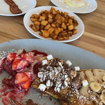 Scrambled - French toast flight: red velvet, Nutella s'mores, and banana nut pancakes - Breakfast & Brunch Near Me - Henderson, Nevada Scrambled - French toast flight: red velvet, Nutella s'mores, and banana nut pancakes - Breakfast & Brunch Near Me - Henderson, Nevada