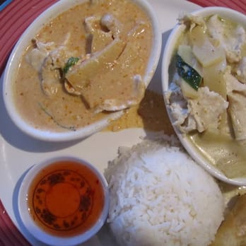Pad Thai - Red & Green Curry...each lunch (for $7.99) comes with two entrees, salad, rice, and a fried spring roll...awesome deal! - Thai Near Me - Layton, Utah
