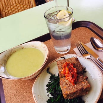 Tender Greens - Sweet pea basil soup and one of the day's small plate options: Meatloaf, broccolini, tomato coulis. Super yum. 4/3/15 - New American Near Me - Irvine, California