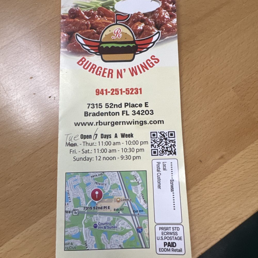 R Burger N Wings - We had no problem getting a seat. The food was good and staff very friendly. - Chicken Wings Near Me - Bradenton, Florida R Burger N Wings - We had no problem getting a seat. The food was good and staff very friendly. - Chicken Wings Near Me - Bradenton, Florida