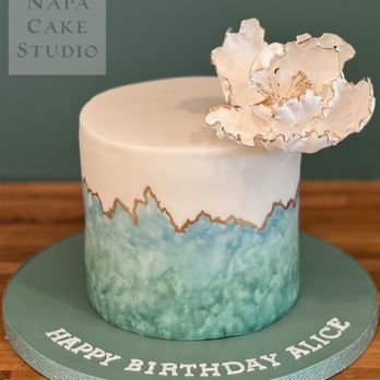 Napa Cake Studio - Teal and blue watercolor effect cake with peony and gold faultline - Desserts Near Me - Napa, California Napa Cake Studio - Teal and blue watercolor effect cake with peony and gold faultline - Desserts Near Me - Napa, California