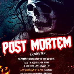 Post Mortem Haunted Trail - Open every October! Scary haunted trail walkthrough for the brave only! Come and see what's lurking in these wicked woods! Enter@your risk!