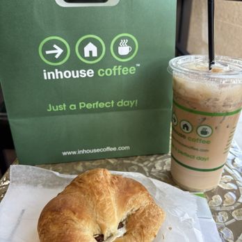 in house coffee - Croissant sandwich and coconut macchiato - Coffee & Tea Near Me - San Dimas, California