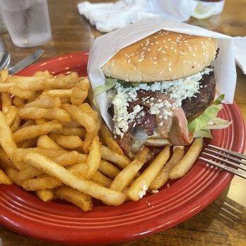 Outpost Cafe - Blue cheese burger. Fries are so fresh & served hot. - American Near Me - Oak Hills, California Outpost Cafe - Blue cheese burger. Fries are so fresh & served hot. - American Near Me - Oak Hills, California