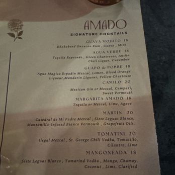 Amado - Cocktail menu - Mexican Near Me - Burlingame, California