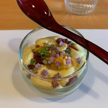 STEM Japanese Eatery - Summer Omakaze - Uni Ikura Squash Puree, Bacon - Japanese Near Me - Burnaby, British Columbia