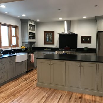 Gray Pained Maple Inset Shaker Style Cabinets With Black Soapstone