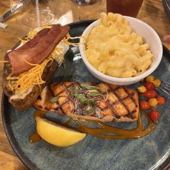 Ol' Miner Steakhouse - Salmon with loaded baked potato and Mac n cheese. - Sports Bars Near Me - Gunnison, Colorado
