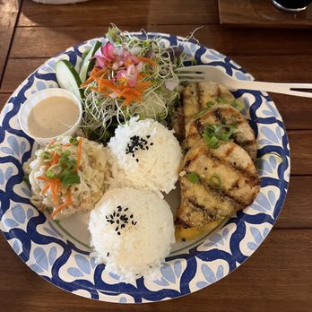 Sleeping Giant Grill - Ono plate with half Mac salad and half green salad and white rice. - Seafood Near Me - Kapaa, Hawaii Sleeping Giant Grill - Ono plate with half Mac salad and half green salad and white rice. - Seafood Near Me - Kapaa, Hawaii
