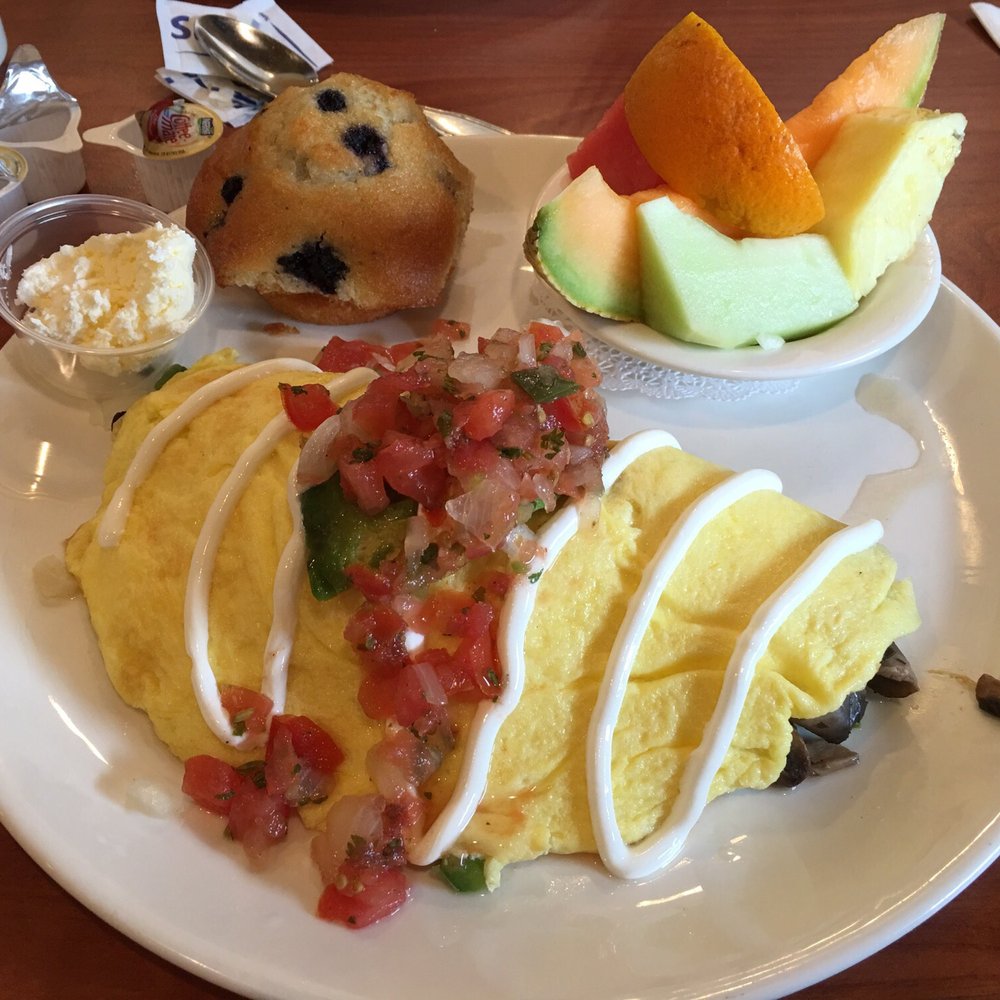 Broken Yolk Cafe - The Mom Omelette (Veggie) along with Fresh Fruit and Blueberry Muffin - Breakfast & Brunch Near Me - Mesa, Arizona Broken Yolk Cafe - The Mom Omelette (Veggie) along with Fresh Fruit and Blueberry Muffin - Breakfast & Brunch Near Me - Mesa, Arizona