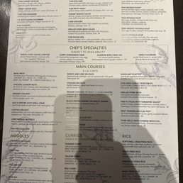 Full food menu, including curries, apps, vegetarian and soup options, among others.