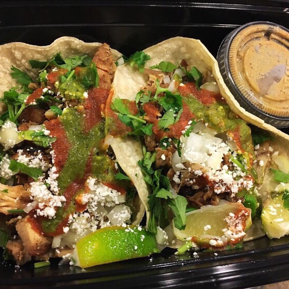 High Tech Burrito - Blackhawk - Carnitas (left) and chicken (right) tacos with a side of their nuclear salsa - Mexican Near Me - Danville, California