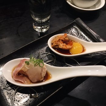 Koo - Spoonfuls of Happiness: uni + quail egg and monk fish liver with sea bream. First Course of our omakase - Japanese Near Me - San Francisco, California