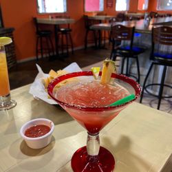 Santa Fe - Great strawberry margarita on the rocks with sugar rim! Great ambience, music, and two women's sports on the tv! Love that!!!