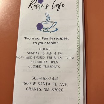 Rosie's Cafe - Front of menu - Burgers Near Me - Grants, New Mexico