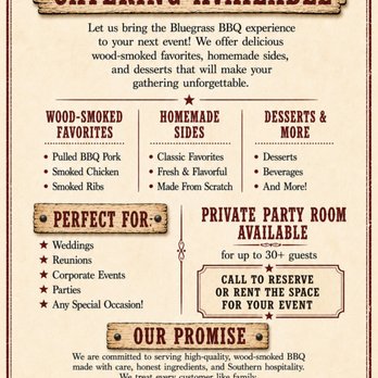 Bluegrass BBQ & Catering - July 2026 Menu - Barbeque Near Me - Cowpens, South Carolina Bluegrass BBQ & Catering - July 2026 Menu - Barbeque Near Me - Cowpens, South Carolina