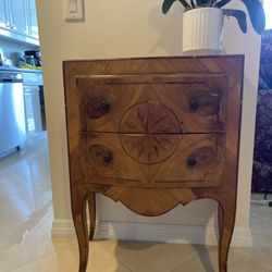 Gary Rubinstein Antiques - WALNUT INLAID LOUIS XV COMMODE, ITALIANSTAR MOTIF ON TOP,CIRCA 1900. H31'W23'D14"