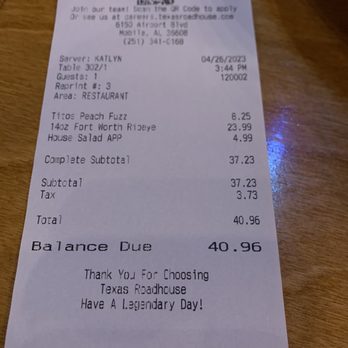 Texas Roadhouse - Ticket total! Shoutout to excellent server Kaitlin at the Airport Blvd location! Great job! - Steakhouses Near Me - Mobile, Alabama Texas Roadhouse - Ticket total! Shoutout to excellent server Kaitlin at the Airport Blvd location! Great job! - Steakhouses Near Me - Mobile, Alabama