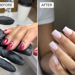 Viktoriia Horova - Architectural Manicure: before and after shape correction with hard gel for balanced, natural-looking nails.
