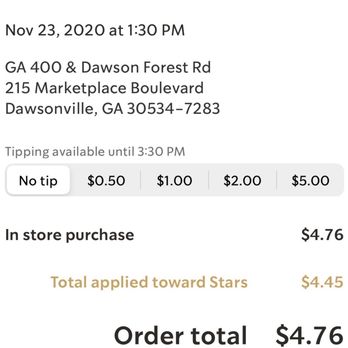 Starbucks - The online receipt for the in store order - Coffee & Tea Near Me - Dawsonville, Georgia