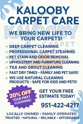 ✨ Kalooby Carpet Cleaning - New Machine Deep Clean (2024) - At Kalooby Carpet Care, we bring new life to your carpets using the latest state-of-the-art cleaning equipment. Our powerful new machine delivers a deeper clean and faster drying times — most carpets dry completely within 4 hours! We offer honest pricing with no hidden fees or upsells. Our eco-friendly products are safe for kids, pets, and families. Whether it's stubborn stains, pet odors, or just a fresh start, we make your carpets look and feel brand new. Proudly serving Menifee and surrounding areas!