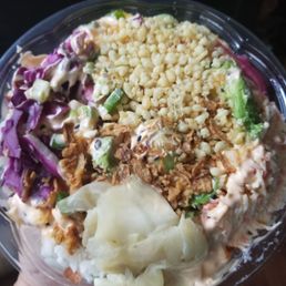 Small poke bowl. Krab Salad and Ahi Tuna. Draped in Sriracha and Hawaiian Sauce. Great. Small poke bowl. Krab Salad and Ahi Tuna. Draped in Sriracha and Hawaiian Sauce. Great.