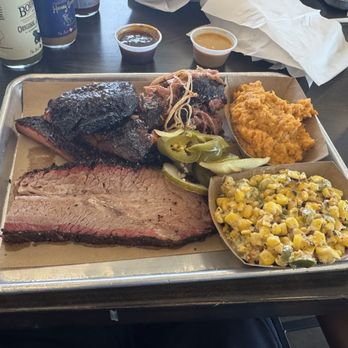 J-Bar-M Barbecue - 3 Meat Plate with brisket, pork ribs, and pulled pork.  Sides were sweet potato mash and corn. - Barbeque Near Me - Houston, Texas