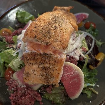 Virtue Feed & Grain - Salmon over beet salad - Bars Near Me - Alexandria, Virginia Virtue Feed & Grain - Salmon over beet salad - Bars Near Me - Alexandria, Virginia