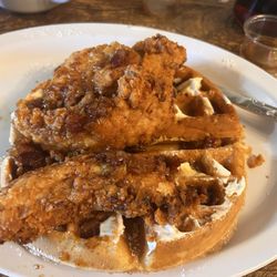 Chicken and Waffles with Bacon Onion Jam ready to be devoured
